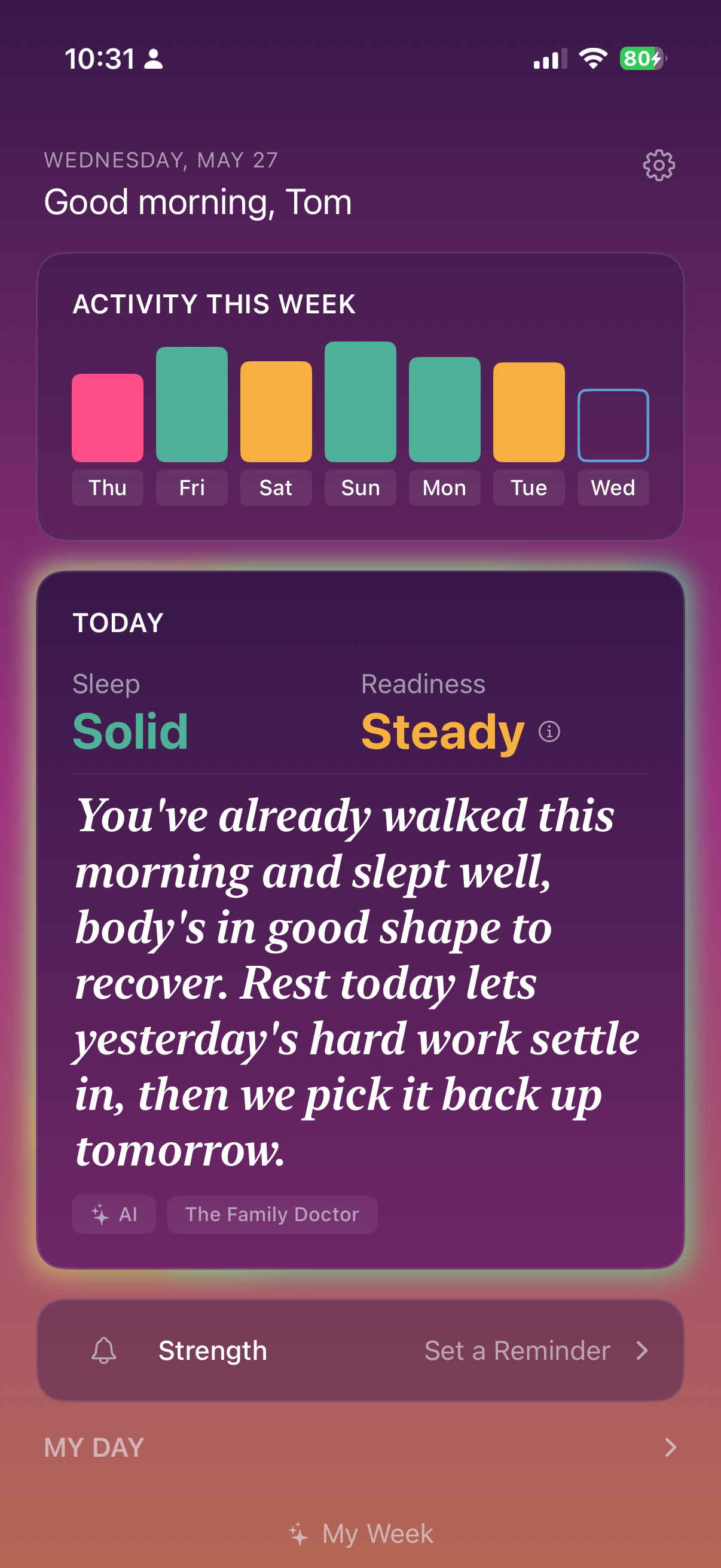 Good Move Daily app showing today's prescription card